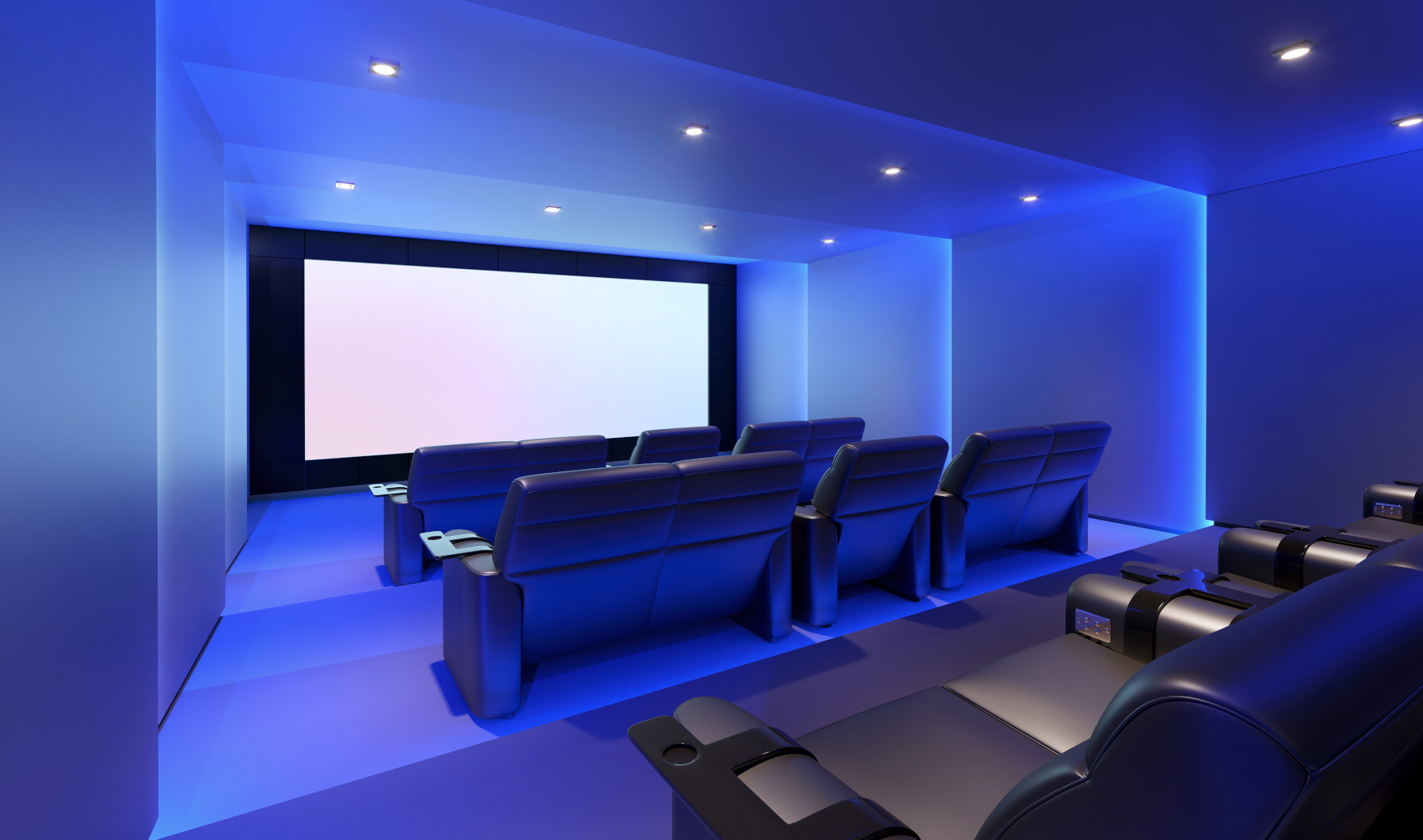 home cinema room with blue lights and black leather armchairs with movie screen