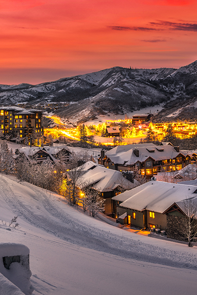 Ski resort in the Rocky Mountains during sunset.