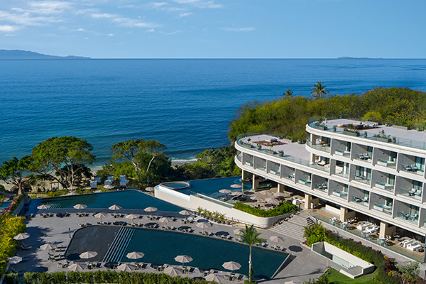 overhead view of secrets Bahia Mita. The resort and the pools are facing the ocean.